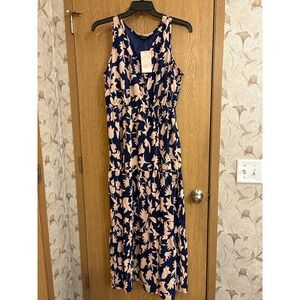 Fashion Navy Pink Floral Tiered Maxi Dress Sleeveless V-Neck Lined NWT Large